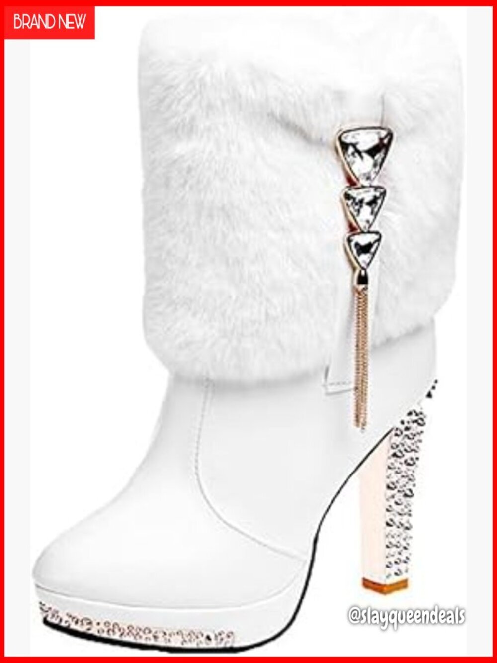 Women's Winter Fur Plush Ankle Boots, Rhinestones, Side Zipper, Non-Slip Heels